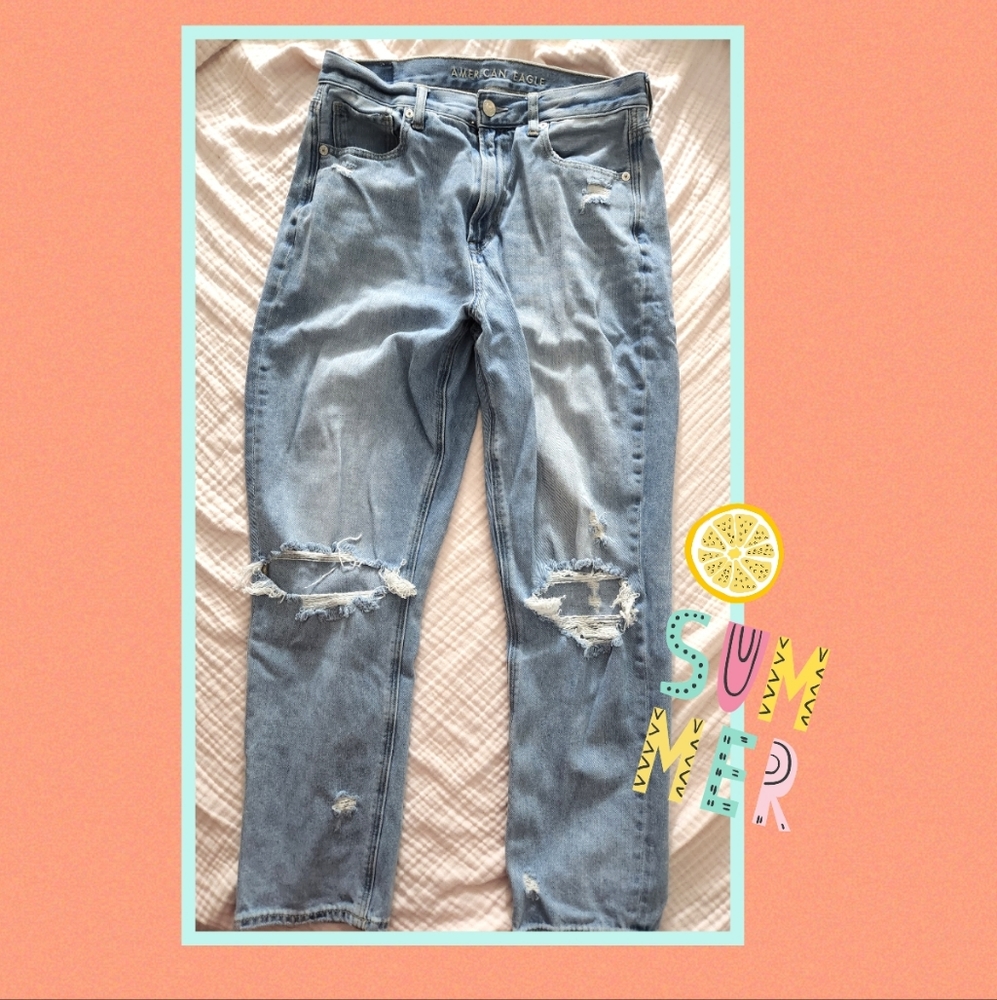 American Eagle Straight Leg Distressed Boyfriend Jeans, Size 10
